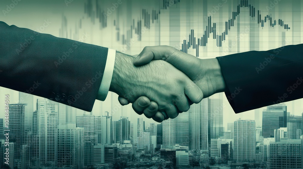 Aufkleber two businessmen shaking hands in front of a cityscape with a stock market chart in the background.