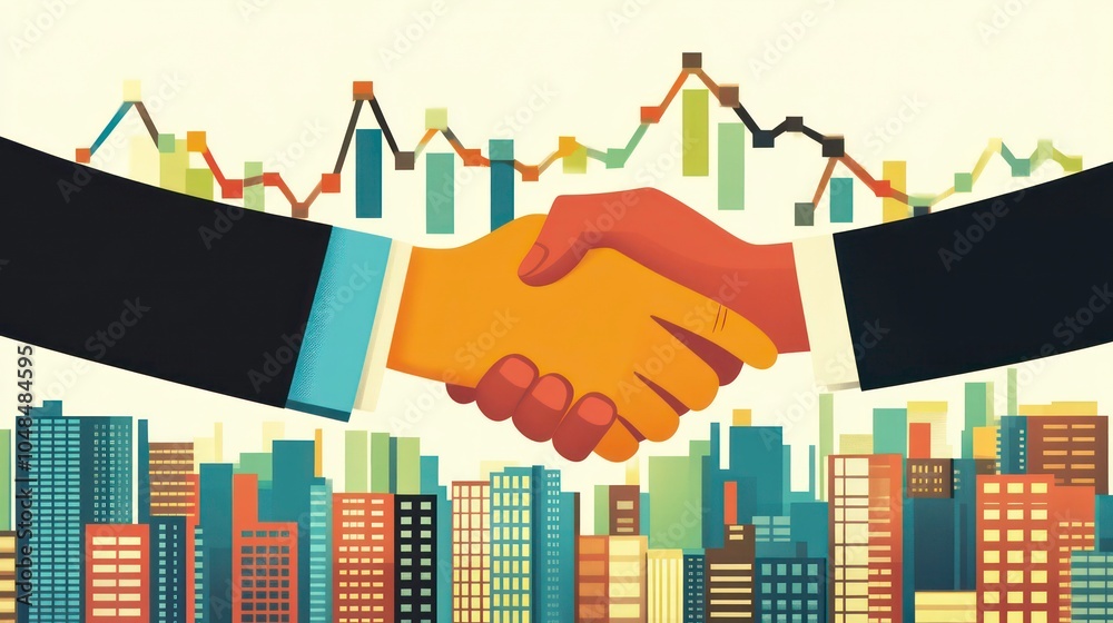 Poster Two hands shaking in front of a cityscape with a line graph representing growth and success.