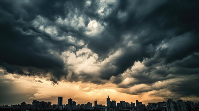 A cloudy sky with dark storm clouds rolling in, with the silhouette of a city skyline creating a sharp contrast against the moody atmosphere