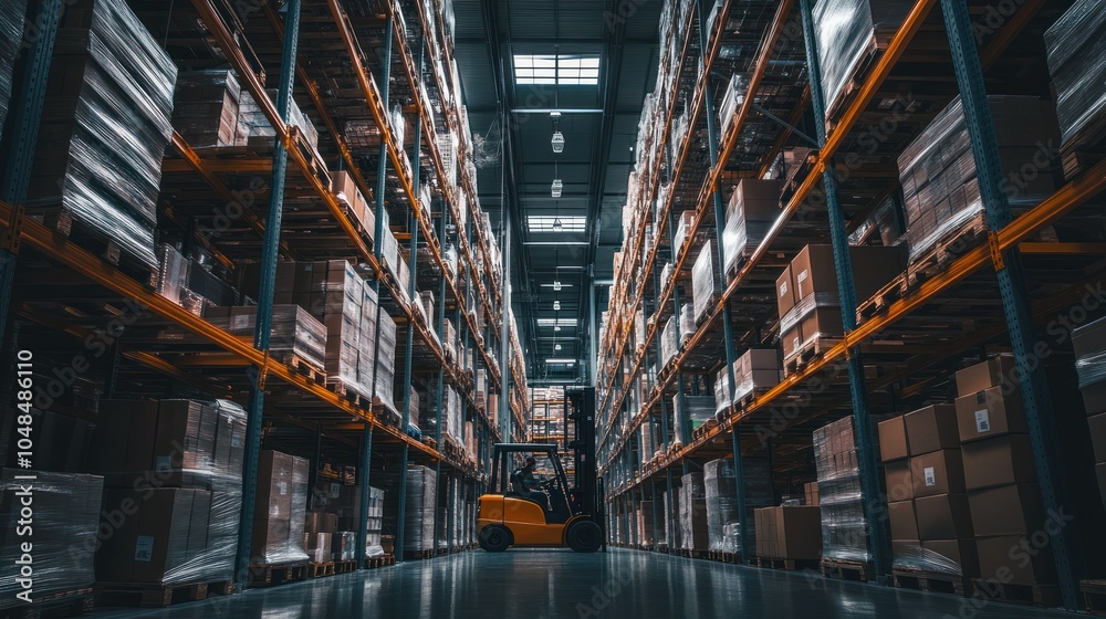 Poster a forklift navigating through rows of pallets in a warehouse