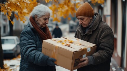 Elderly Couple Sharing in Autumn Weather with Cardboard Box. Generative ai