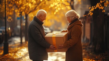 Warm Autumn Gift Exchange Between Seniors on a Sunlit Pathway. Generative ai