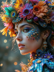 Floral Goddess Portrait: A Vibrant Fusion of Colorful Blooms, Peacock Feathers, and Intricate Details, Radiating Mystical Beauty and Divine Grace