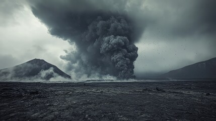 Fototapeta premium A dense volcanic ash cloud covering the sky, with small particles falling like snow over a barren landscape, creating an eerie stillness