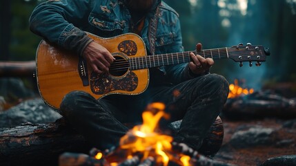 Fototapeta premium A man plays an acoustic guitar by a campfire in the woods.