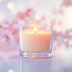 Photo shot of scented candle on beautiful luxury background, in advertising style, pastel pink color. Burning candle mockup