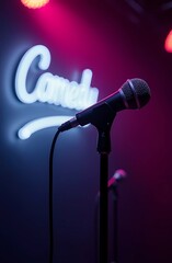 Obraz premium A microphone on stage with a neon comedy sign in the background. Stand-up performance