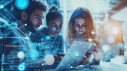 Three young professionals working on a project together, looking at a laptop screen, with futuristic digital elements overlayed.