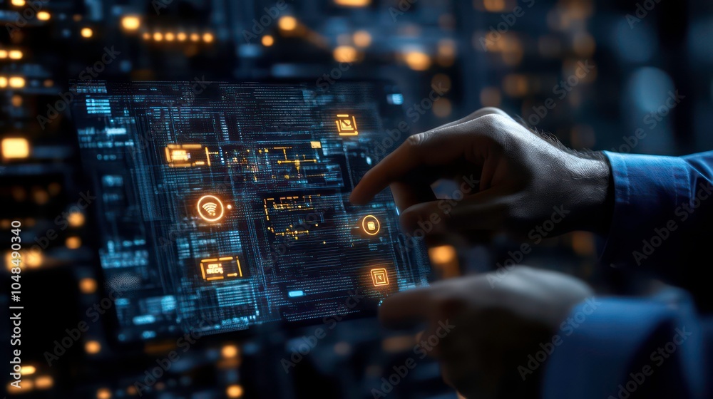 Poster A person's hands are shown using a tablet with a glowing digital interface, in a room with lots of glowing lights in the background.