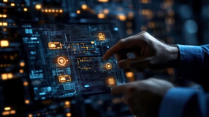 Fototapeta premium A person's hands are shown using a tablet with a glowing digital interface, in a room with lots of glowing lights in the background.