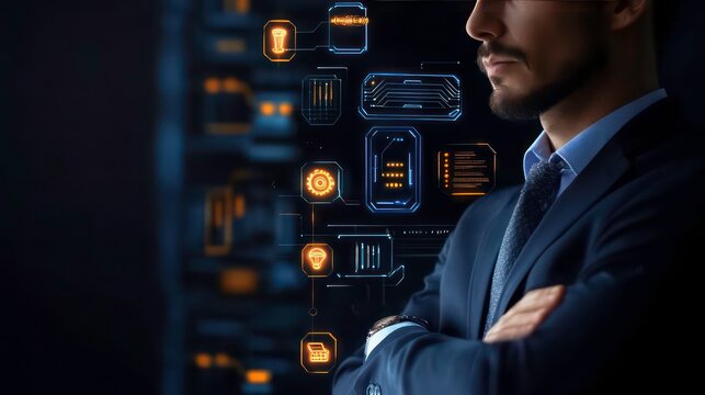Confident businessman with arms crossed, standing in front of a server rack with glowing digital interfaces.