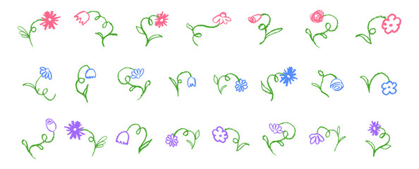Set of flowers drawing by pastel or charcoal pencil. Color chalk line flower collection, simple design element on white chalkboard. Like children's drawing cute floral collection. Vector illustration.