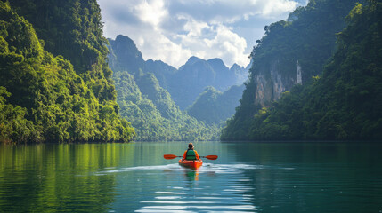 A traveler paddling a kayak across a tranquil lake