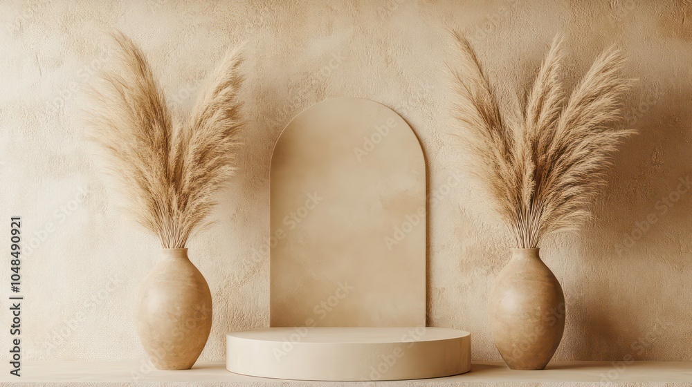 Poster two beige vases with pampas grass on either side of a circular platform against a beige wall.