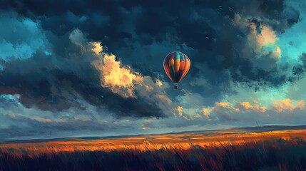 Obraz premium A dramatic sky with storm clouds rolling in, as a lone hot air balloon floats above the landscape, its bright colors contrasting with the dark sky