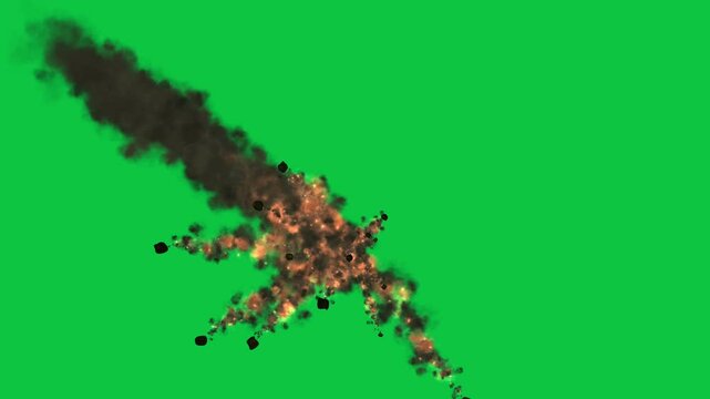 Meteor hitting explosion, meteor destroy animation effect on green screen background 