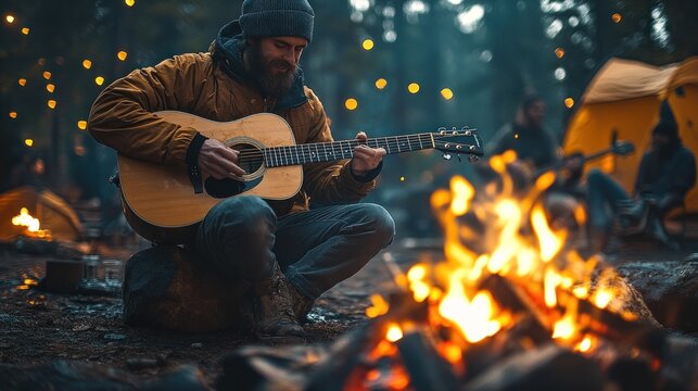 A man plays an acoustic guitar by a campfire in the woods, surrounded by friends and a tent.