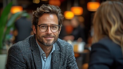 Fototapeta premium A man of european descent with curly hair and glasses smiles while seated in a cafe, exuding a warm and friendly demeanor amid a social atmosphere.