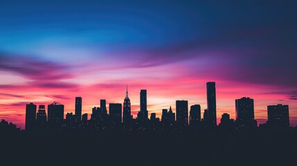 Fototapeta premium A dramatic twilight sky with a city silhouette in the foreground, the tall skyscrapers standing in stark contrast to the fading light