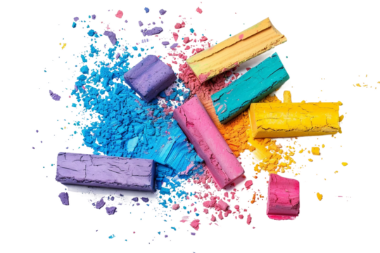 Vibrant Chalk Pieces Burst in Midair isolated on transparent background