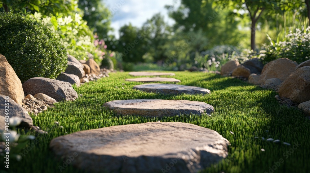Poster A path with a stone walkway and a grassy area
