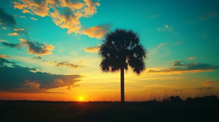 Obraz premium Sunrise silhouette of a sugar palm tree with clouds creates a beautiful color effect in the sky ideal for a copy space image 