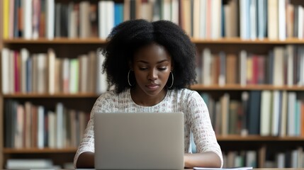 Young Woman Using Laptop in Library