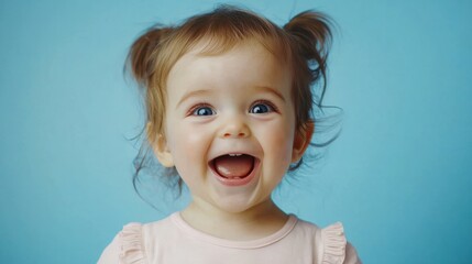 Naklejka premium Portrait of surprised smiling cute little toddler girl. child standing isolated over blue background. Looking at camera and laughs