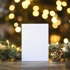 Fototapeta premium Blank invitation mockup, festive bokeh background of fairy lights. Сard template with empty space for text or branding. Christmas, New Year, winter holidays, wedding, vertical card designs mockup 