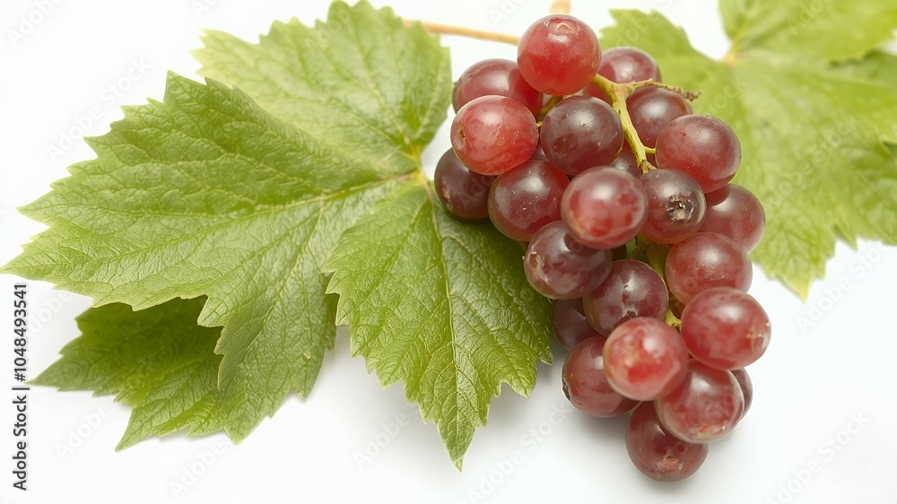 Wall mural A cluster of red grapes with a green leaf.