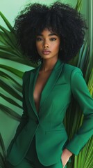 Elegant Woman in Green Suit Posing Against Tropical Background