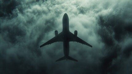 Naklejka premium A commercial airplane emerging from thick clouds and mist, seen from below.