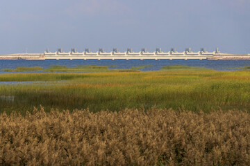Saint Petersburg Dam. Complex of flood protection structures of St. Petersburg. View of the culvert...