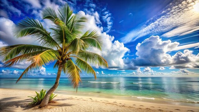 Tranquil palm tree overlooking serene beachscape with scattered clouds