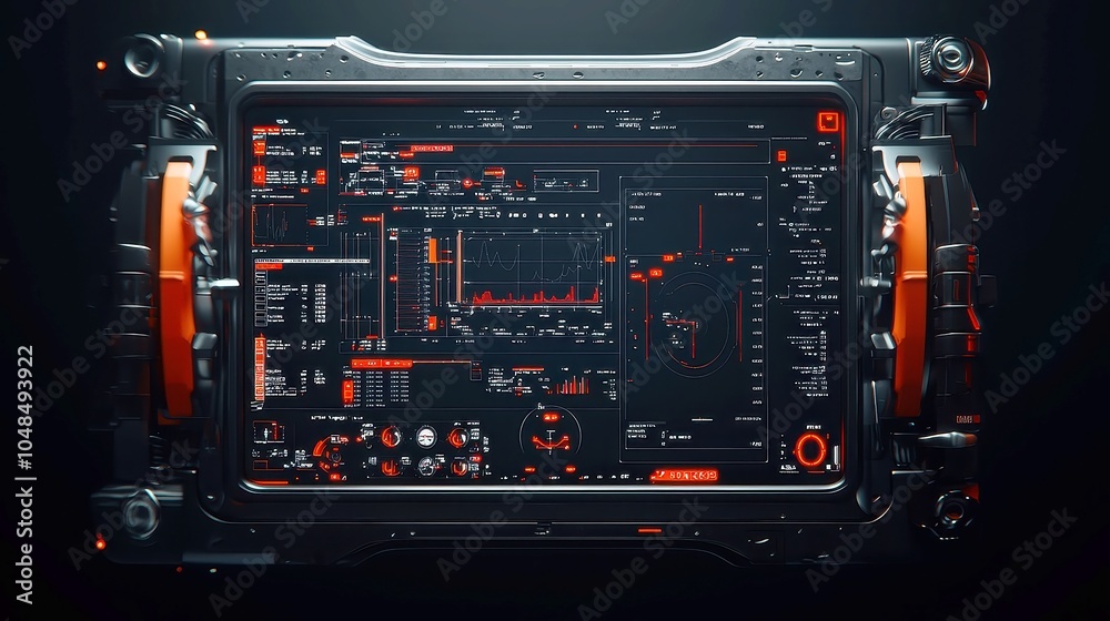 Poster dynamic animation of a digital scope scanning financial data, set against a sleek black background, 