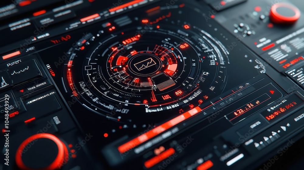 Poster dynamic animation of a digital scope scanning financial data on a sleek black background, showcasing