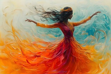 Obraz premium An abstract pastel painting of a Sri Lankan Kandyan dancer, with swirling, soft brushstrokes capturing the grace and energy of the traditional dance