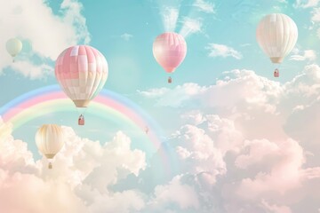 Fototapeta premium Colorful hot air balloons float over a vibrant rainbow in a serene sky filled with fluffy clouds during a calm afternoon