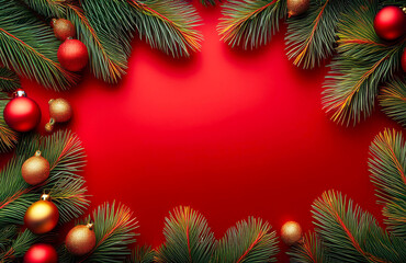 Christmas red background decorated with New Year branches and baubles stars, winter holiday cards