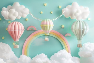 Obraz premium Colorful hot air balloons float over a pastel rainbow and fluffy clouds in a whimsical sky setting