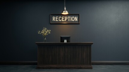A reception desk with a sign Reception is on a gray wall. On the desk is a computer and a vase of flowers.