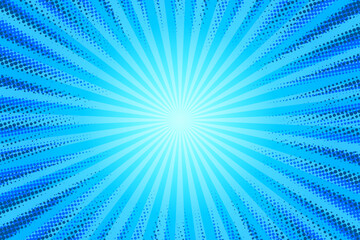 Blue Sunburst Pattern Background With Halftone. Rays. Radial. Summer Banner. Vector Illustration. Celebration Wallpaper. Abstract Banner. Digital