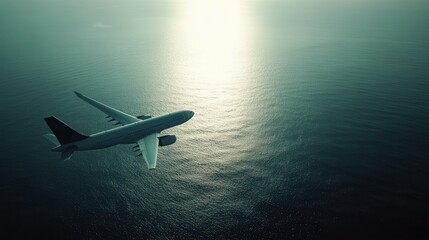 A passenger airplane flying high over a vast, calm ocean, the water reflecting the late afternoon...