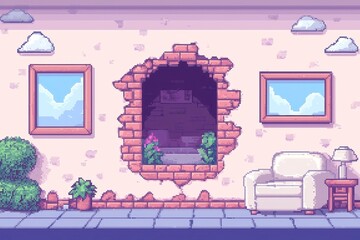 Cracked walls revealing hidden rooms, pixelated art style, intricate designs, mysterious atmosphere, inviting exploration, vibrant colors, engaging visual storytelling, intriguing details.