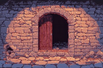 Hidden chambers emerge behind cracked walls, pixelated art reveals secrets in a whimsical, retro-inspired environment, inviting exploration and discovery.