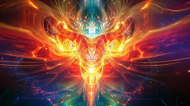 A vibrant, abstract design with glowing lines and shapes, resembling a fiery bird or phoenix