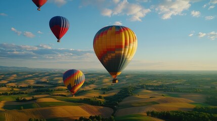 Obraz premium A group of hot air balloons in a bright midday sky, their vibrant colors contrasting with the deep blue of the atmosphere above a patchwork of fields