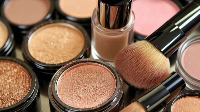 A close-up of makeup products, including foundation, blush, and brushes, ready for application