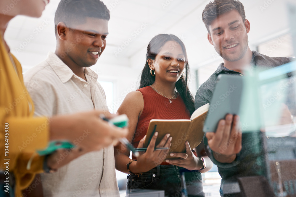 Poster teamwork, diversity and tablet in brainstorming or session in boardroom, office or business as start