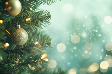 .christmas balls on pine tree branch green leaf blurred bokeh background merry christmas,film style
